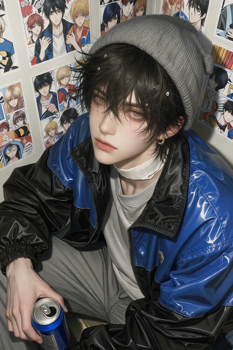 A young person is sitting in a cramped space with manga posters lining the background wall. They wear a gray knitted beani...