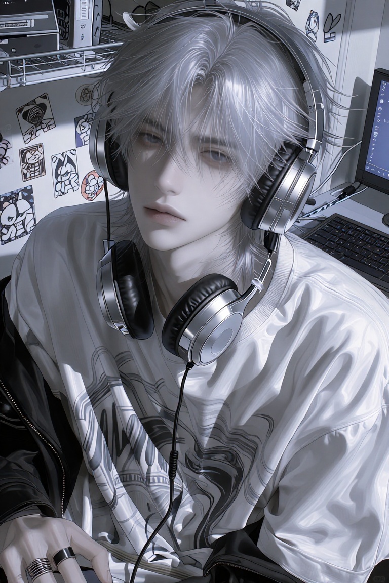 A person with silver hair wearing large over-ear headphones is seated in a dimly lit room. They have a loose white shirt w...