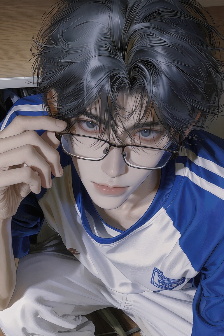 A person wearing a blue and white sports jersey with white stripes on the sleeves and a small emblem on the chest. They ar...