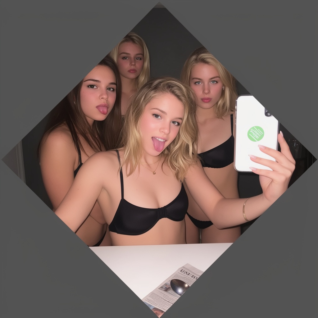 Photograph of four young women taking a selfie in a dimly lit room. The central woman,  with blonde,  wavy hair and light...