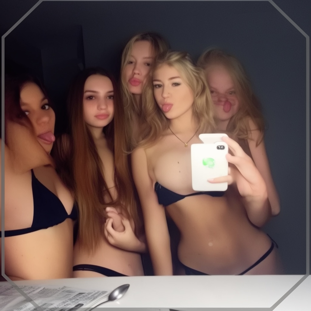 Photograph of four young women taking a selfie in a dimly lit room. The central woman,  with blonde,  wavy hair and light...