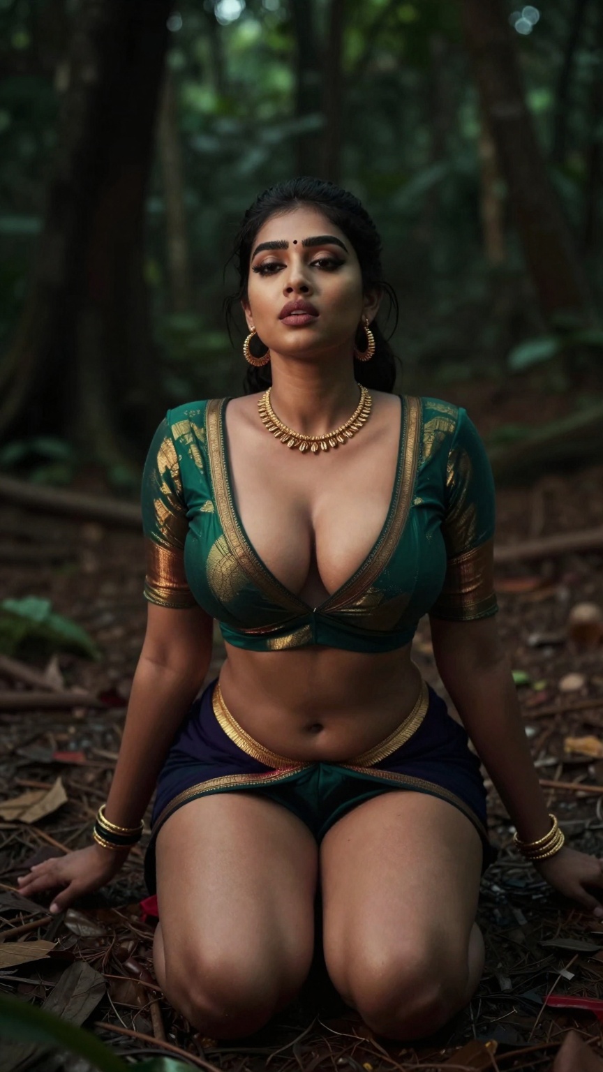Create a cinematic scene set outdoors in a darker forest,  capturing the essence of allure and confidence. The shot is tak...