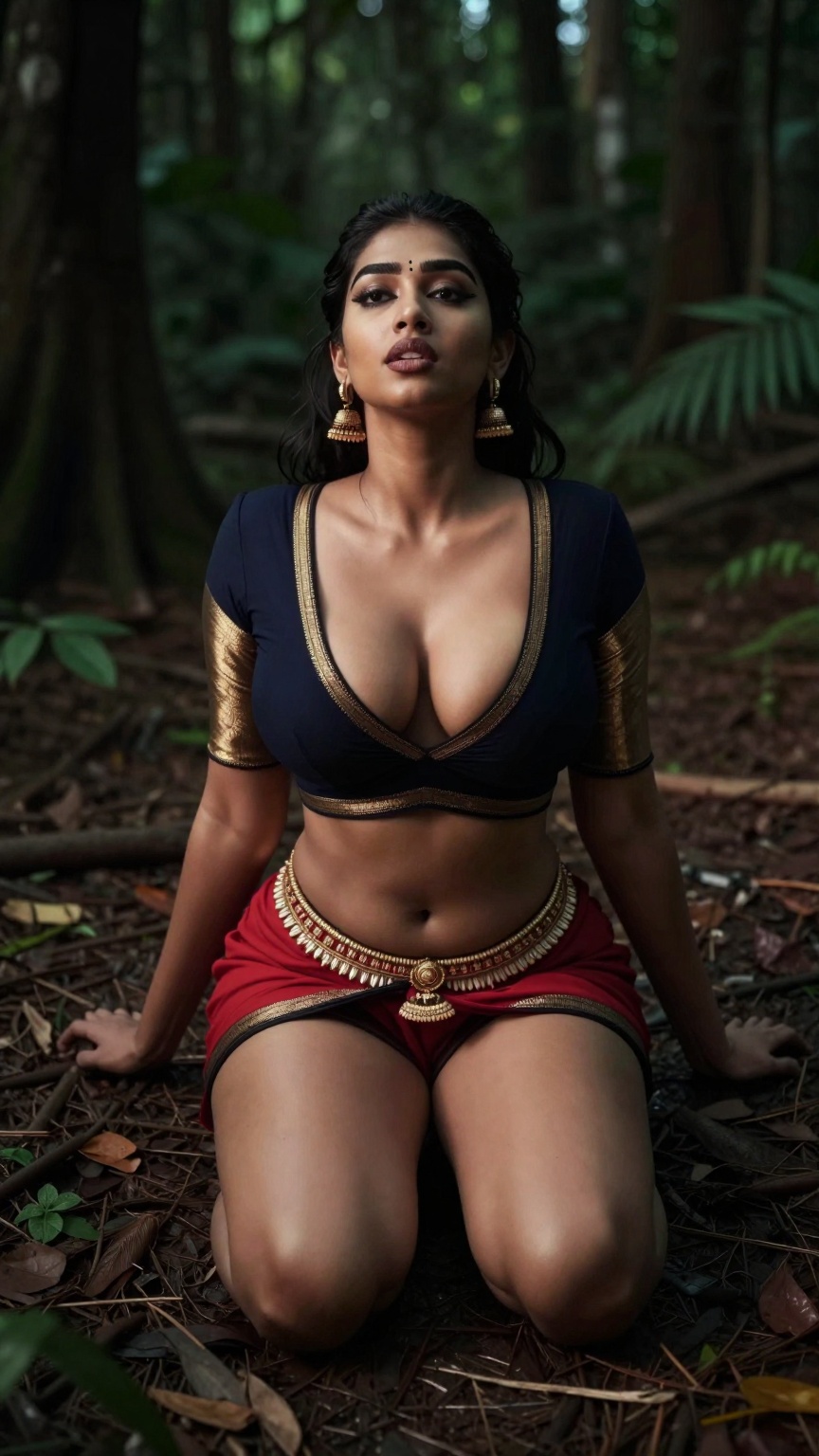 Create a cinematic scene set outdoors in a darker forest,  capturing the essence of allure and confidence. The shot is tak...
