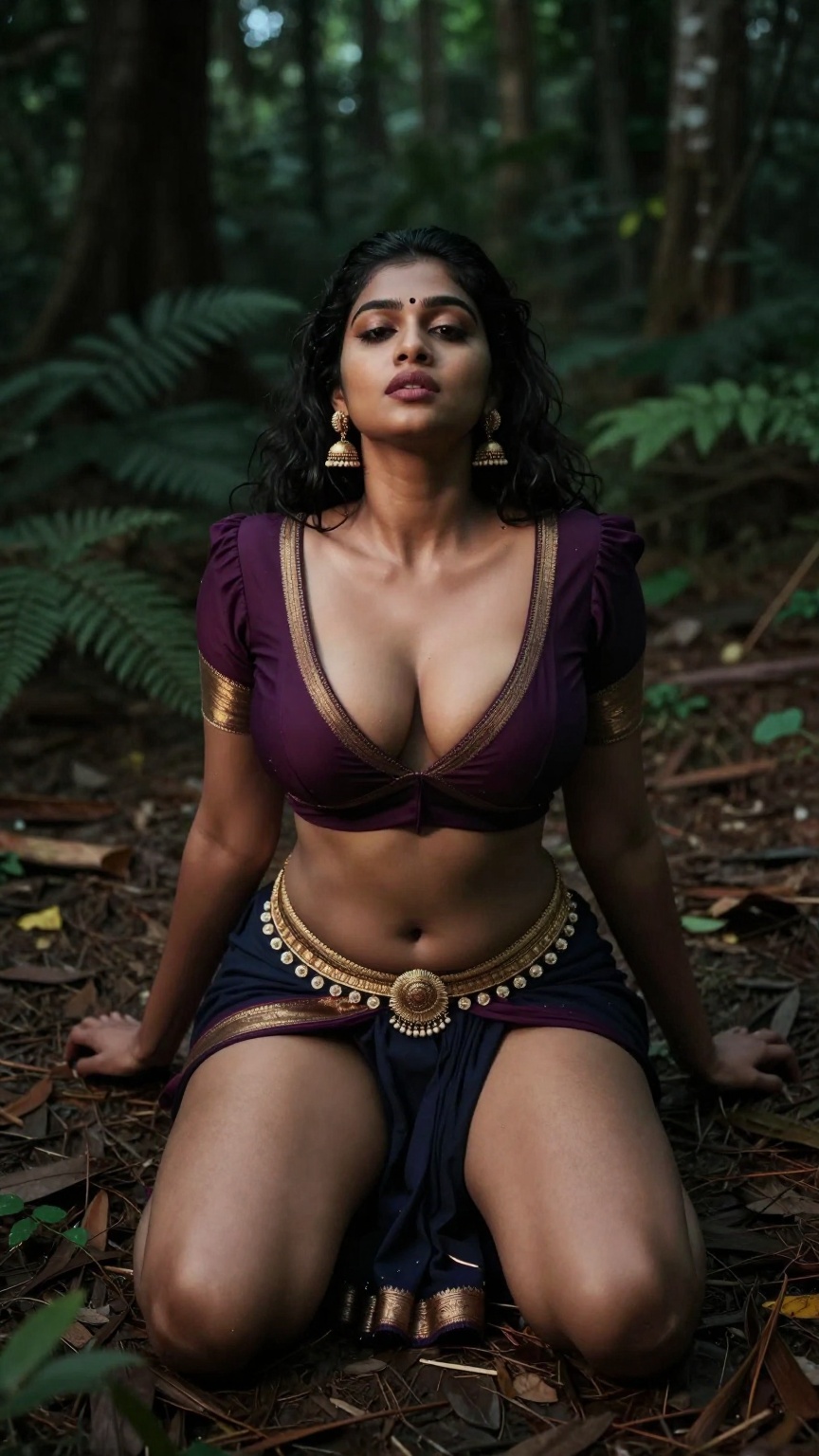 Create a cinematic scene set outdoors in a darker forest,  capturing the essence of allure and confidence. The shot is tak...
