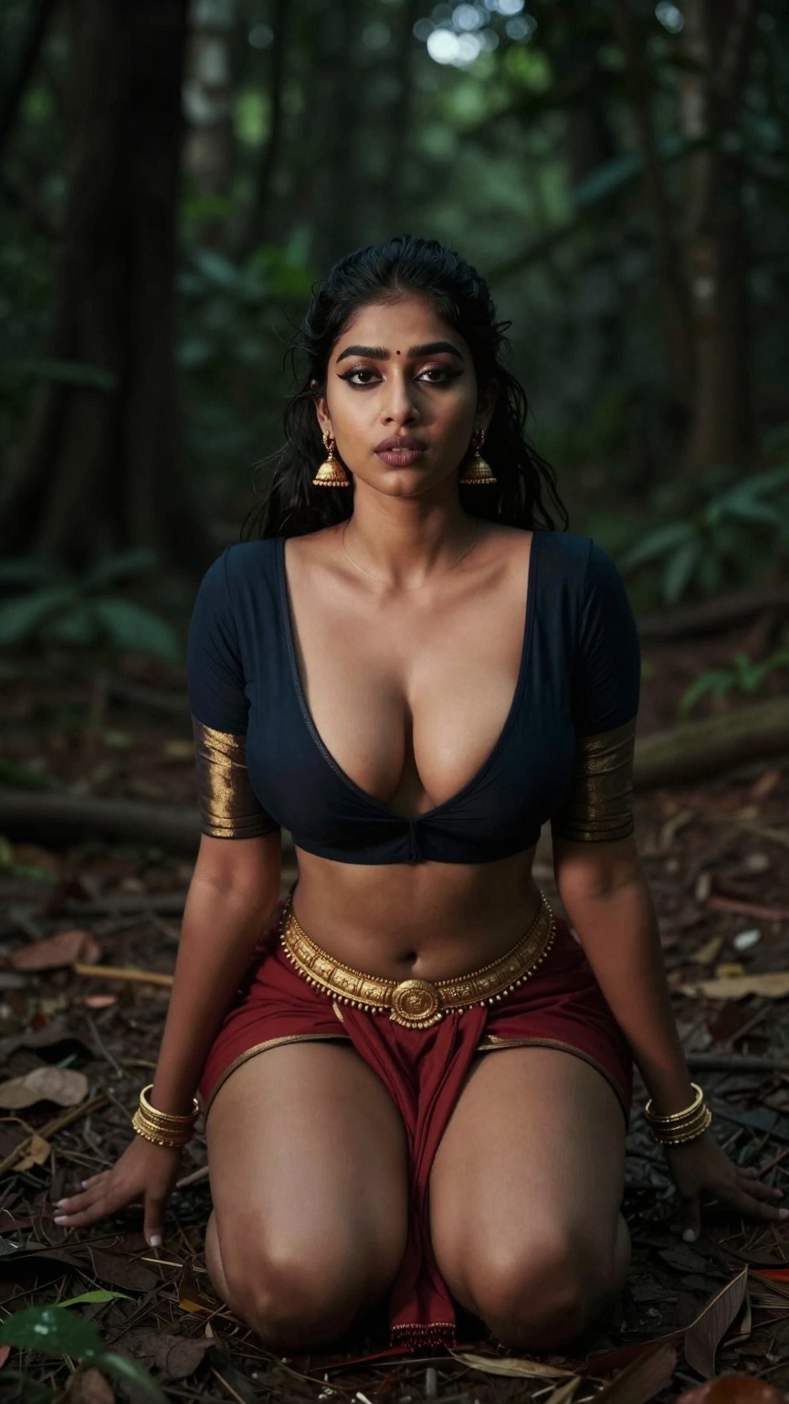 Create a cinematic scene set outdoors in a darker forest,  capturing the essence of allure and confidence. The shot is tak...