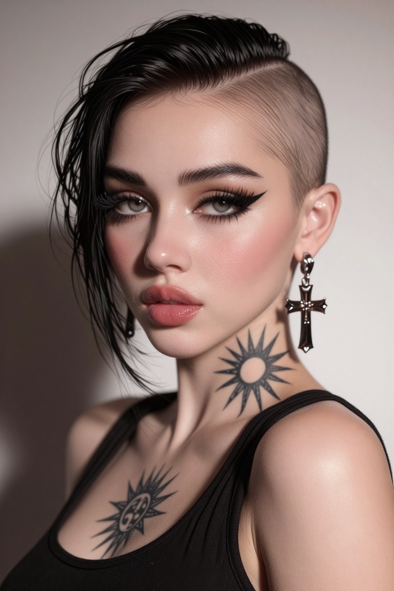 The image depicts a highly stylized digital artwork of a woman with a distinctive appearance. The individual has a shaved...