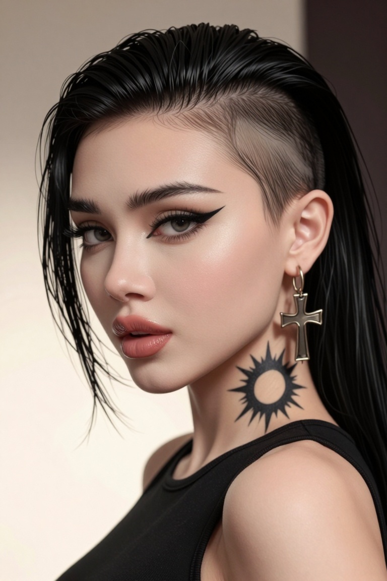 The image depicts a highly stylized digital artwork of a woman with a distinctive appearance. The individual has a shaved...