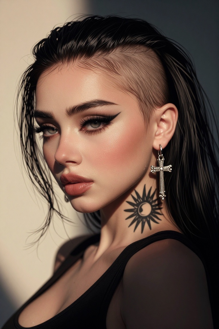The image depicts a highly stylized digital artwork of a woman with a distinctive appearance. The individual has a shaved...