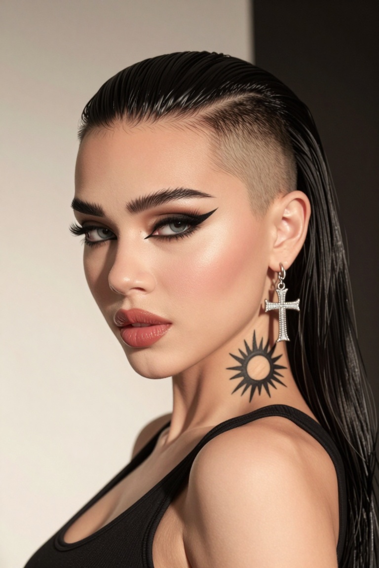 The image depicts a highly stylized digital artwork of a woman with a distinctive appearance. The individual has a shaved...