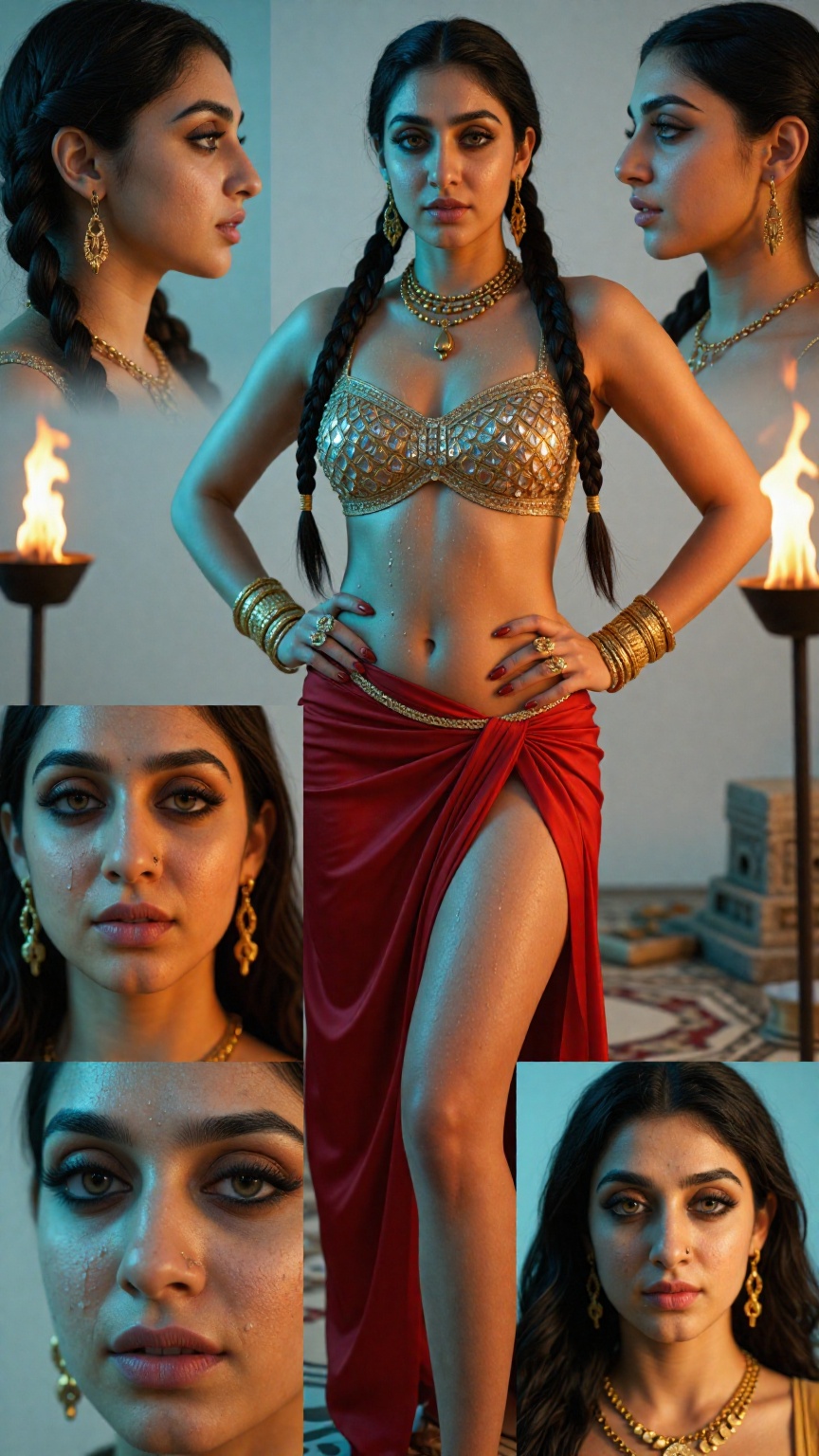 Extreme low-angle ground level shot of a 24-year-old Iranian woman as Divine Kamasutra goddess with fair olive skin,  wet...