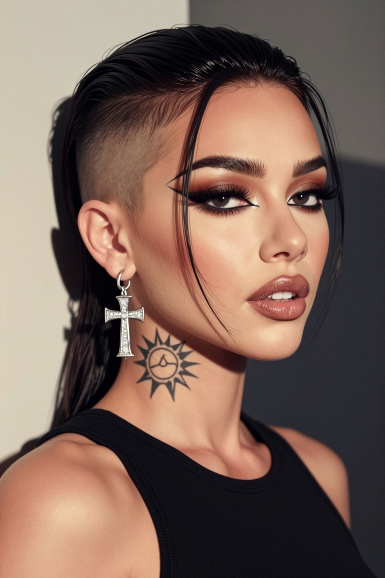 The image depicts a highly stylized digital artwork of a woman with a distinctive appearance. The individual has a shaved...