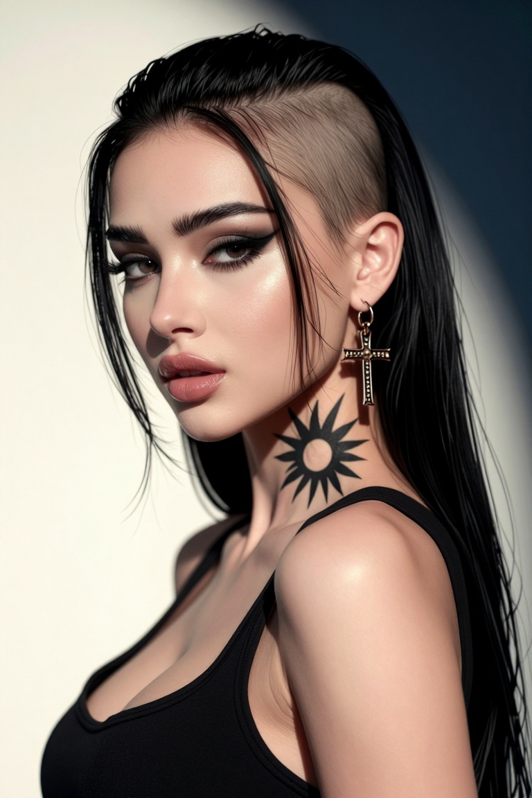 The image depicts a highly stylized digital artwork of a woman with a distinctive appearance. The individual has a shaved...