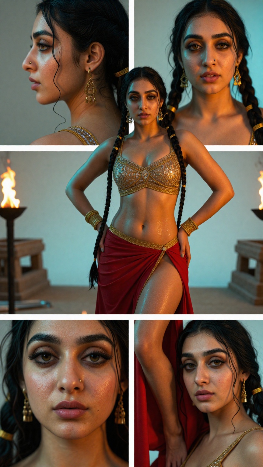Extreme low-angle ground level shot of a 24-year-old Iranian woman as Divine Kamasutra goddess with fair olive skin,  wet...
