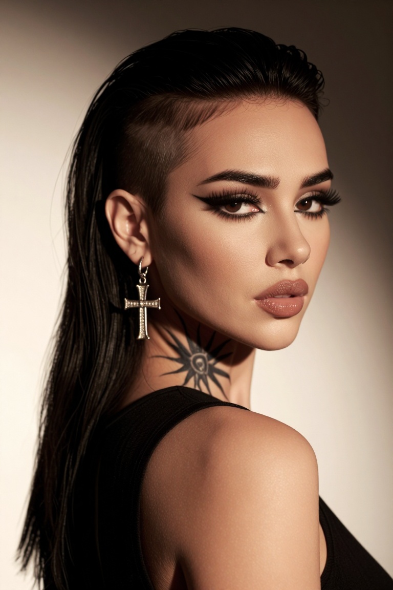 The image depicts a highly stylized digital artwork of a woman with a distinctive appearance. The individual has a shaved...
