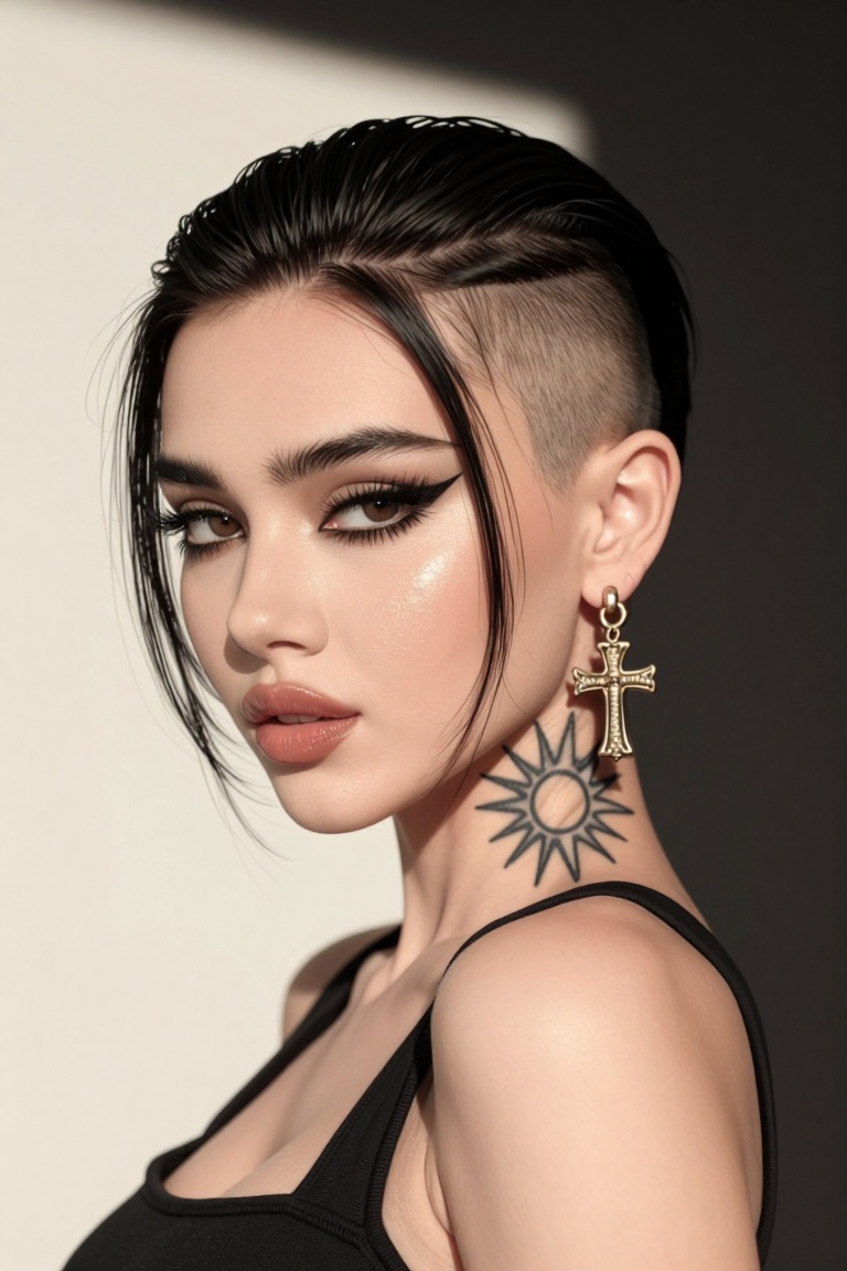 The image depicts a highly stylized digital artwork of a woman with a distinctive appearance. The individual has a shaved...