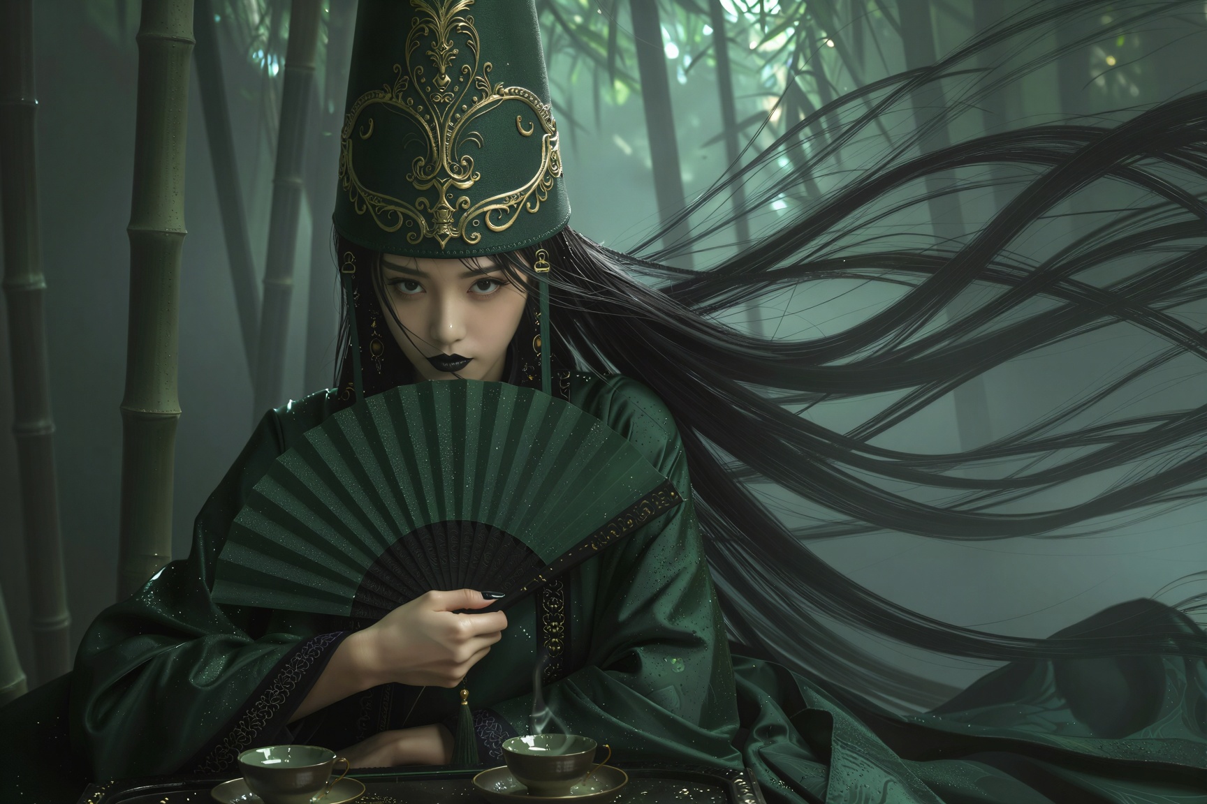 一位神秘东亚美女位于画面一侧正坐着,  位于画面黄金分割线,  她单手拿着一把深绿色纸扇遮住胸部 by 剑舞轻风 on Tensor.Art