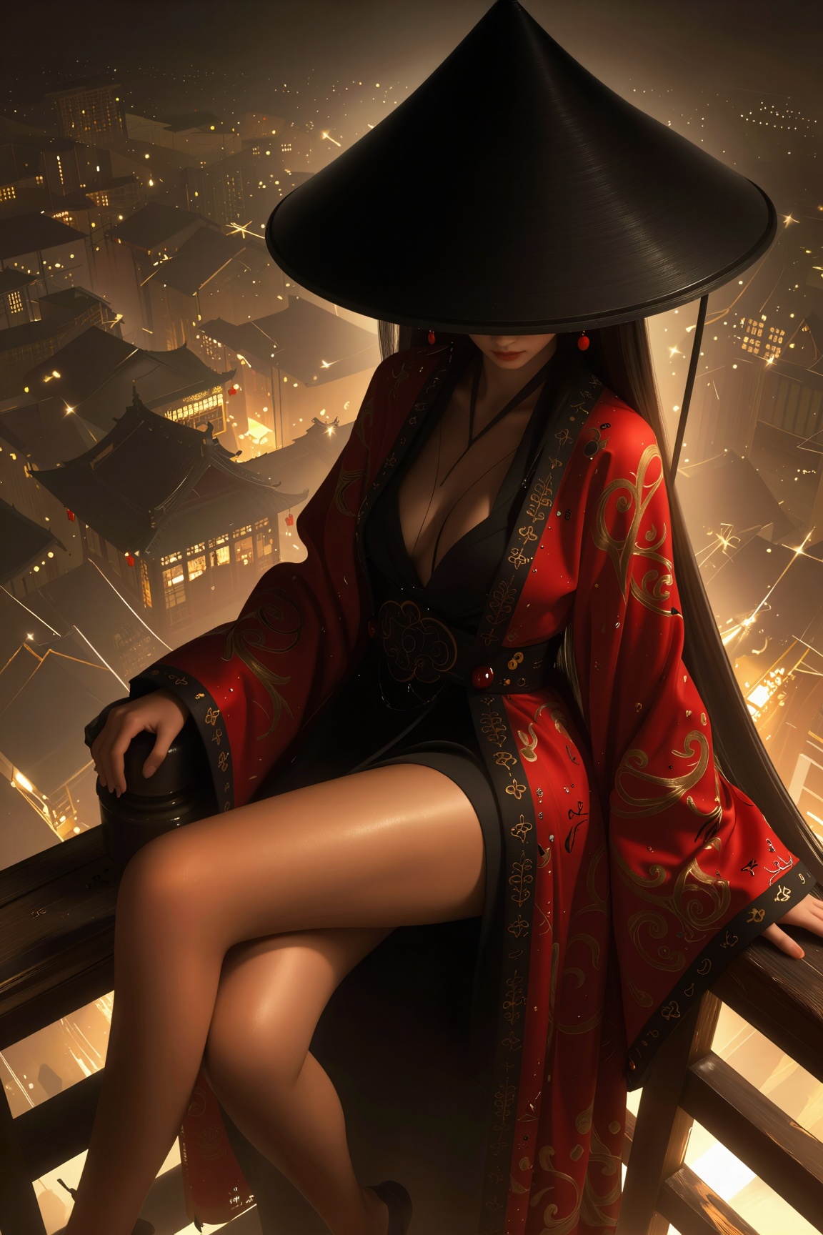 一位女子身着绣有金龙纹样的华丽红黑长袍,  优雅地栖坐在高高的木质栏杆上。她头戴一顶硕大的哑光黑色锥形斗笠,  遮住了脸庞 by 剑舞轻风 on Tensor.Art