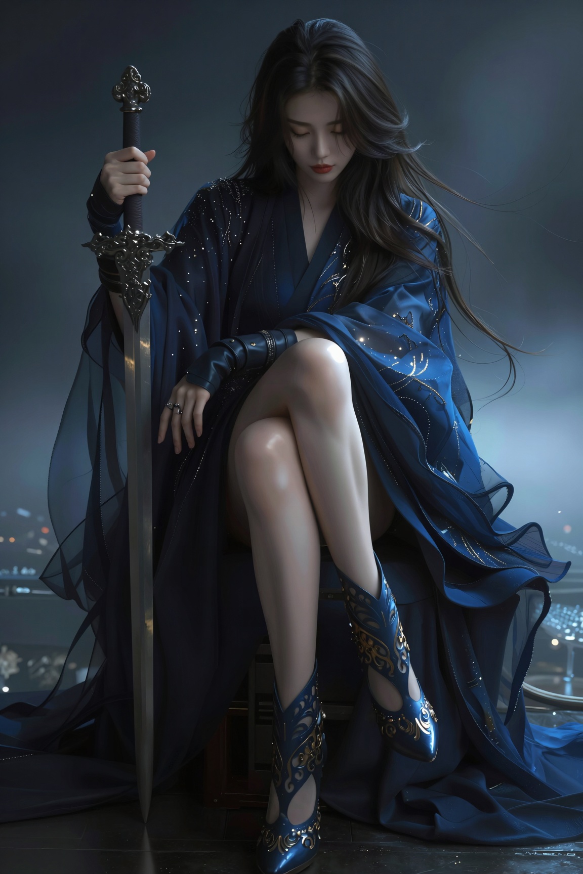 一位气质典雅的东亚女子,  身姿端庄地盘腿静坐在一个高处,  高的凳子上 by 剑舞轻风 on Tensor.Art