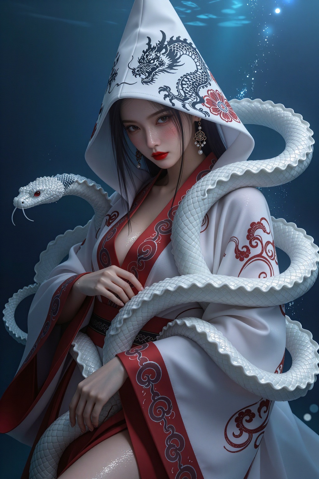 一位有着东亚面容的女子,  妆容冷艳锐利,  点缀一抹艳红。 她目光直视前方 by 剑舞轻风 on Tensor.Art