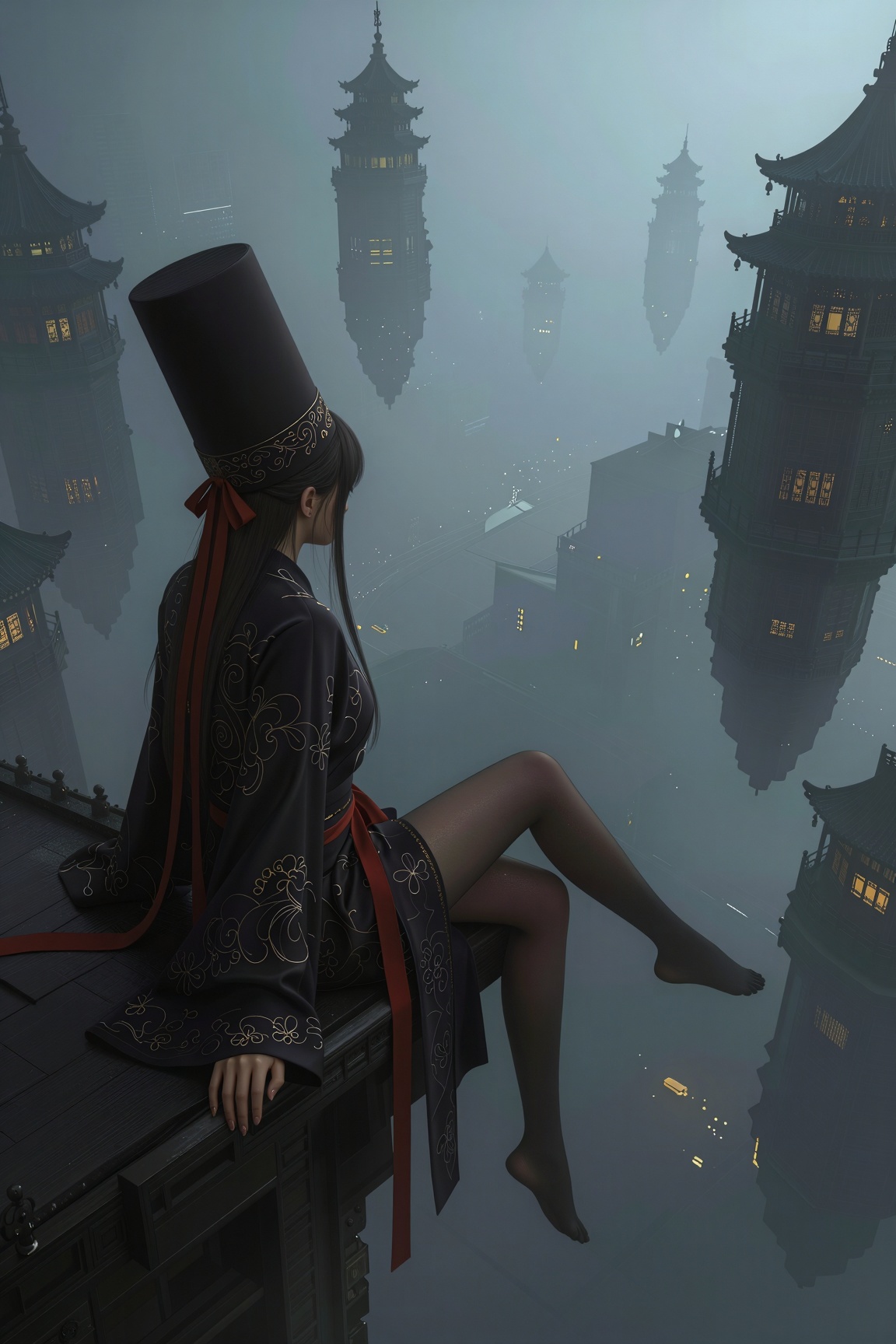 A woman with long black hair sits on the edge of a high ledge looking down into a vast misty void. She wears an exceptiona...