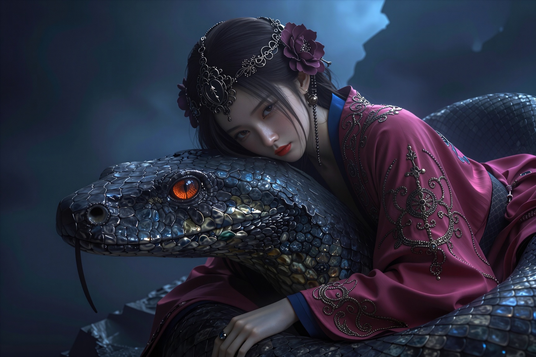 A young woman with porcelain skin and dark hair leans intimately against the head of a massive dark-scaled serpent. She is...