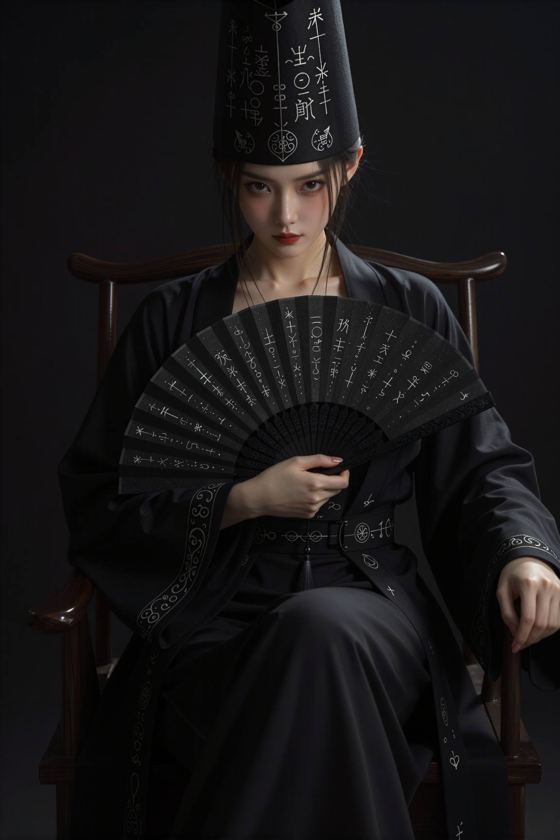 一位神秘东亚美女单手拿着一把黑色纸扇放在胸前,  坐在黑暗中的一把椅子上,  黑色东亚风服装 by 剑舞轻风 on Tensor.Art