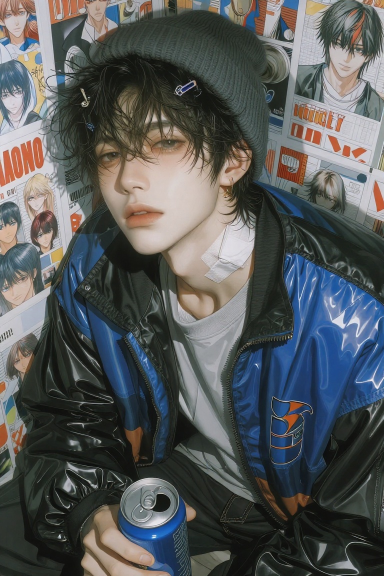 A young person is sitting in a cramped space with manga posters lining the background wall. They wear a gray knitted beani...