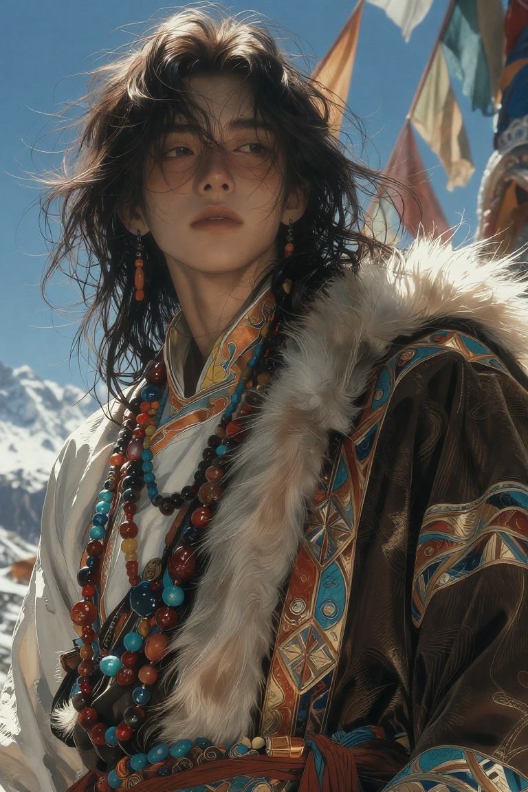 A person with long dark windswept hair is wearing intricate,  traditional attire adorned with multicolored beads and fur t...