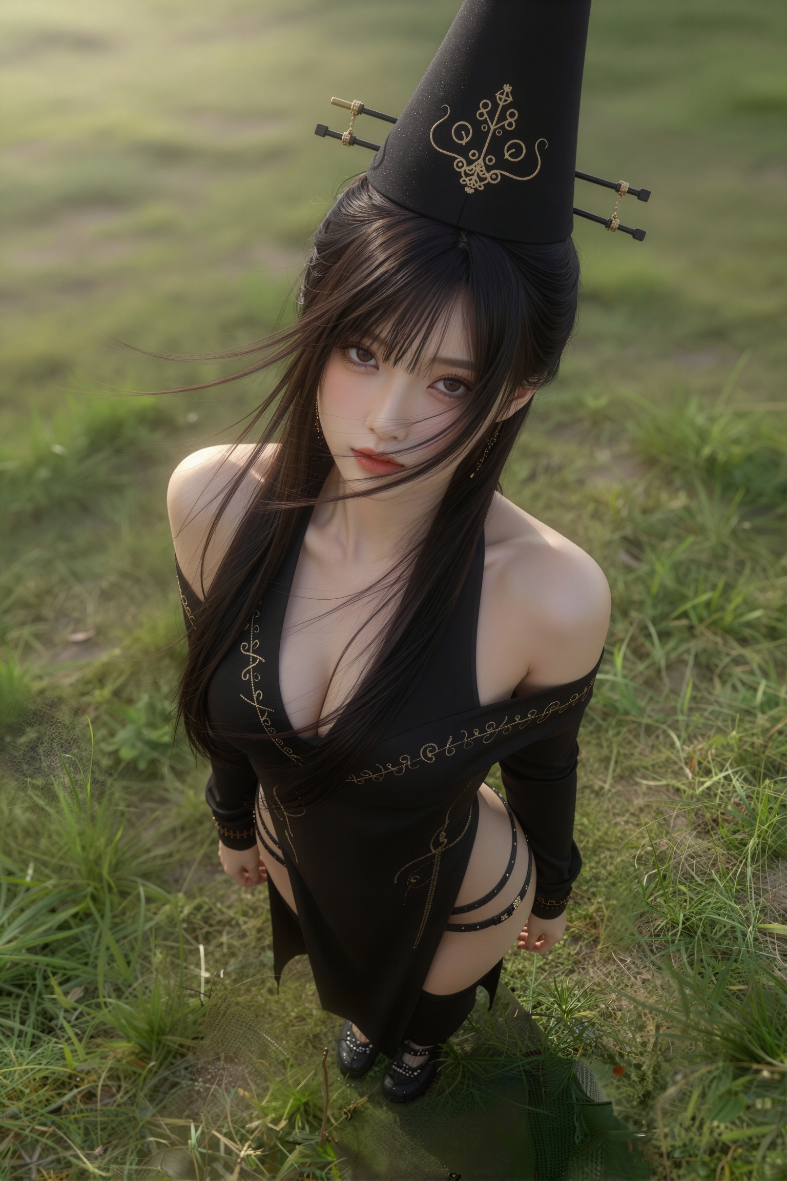 A high-angle full-length portrait depicts a young woman standing on a lush green grassy field gazing directly upward with...