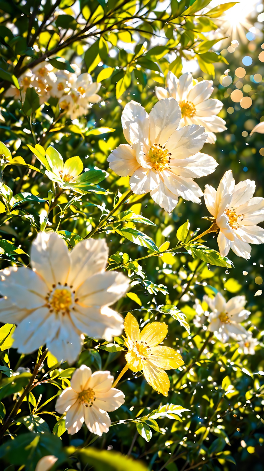 Close-up of delicate pale pink clematis flowers climbing along dense green vines and leaves,  illuminated by warm golden h...