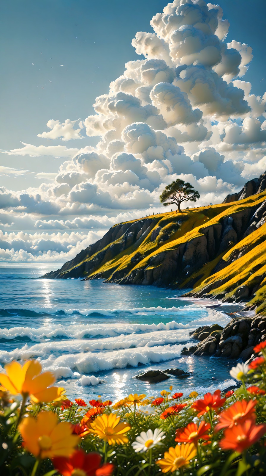 The image depicts a stunning coastal scene with a rugged cliffside covered in vibrant yellow and white flowers. The ocean...