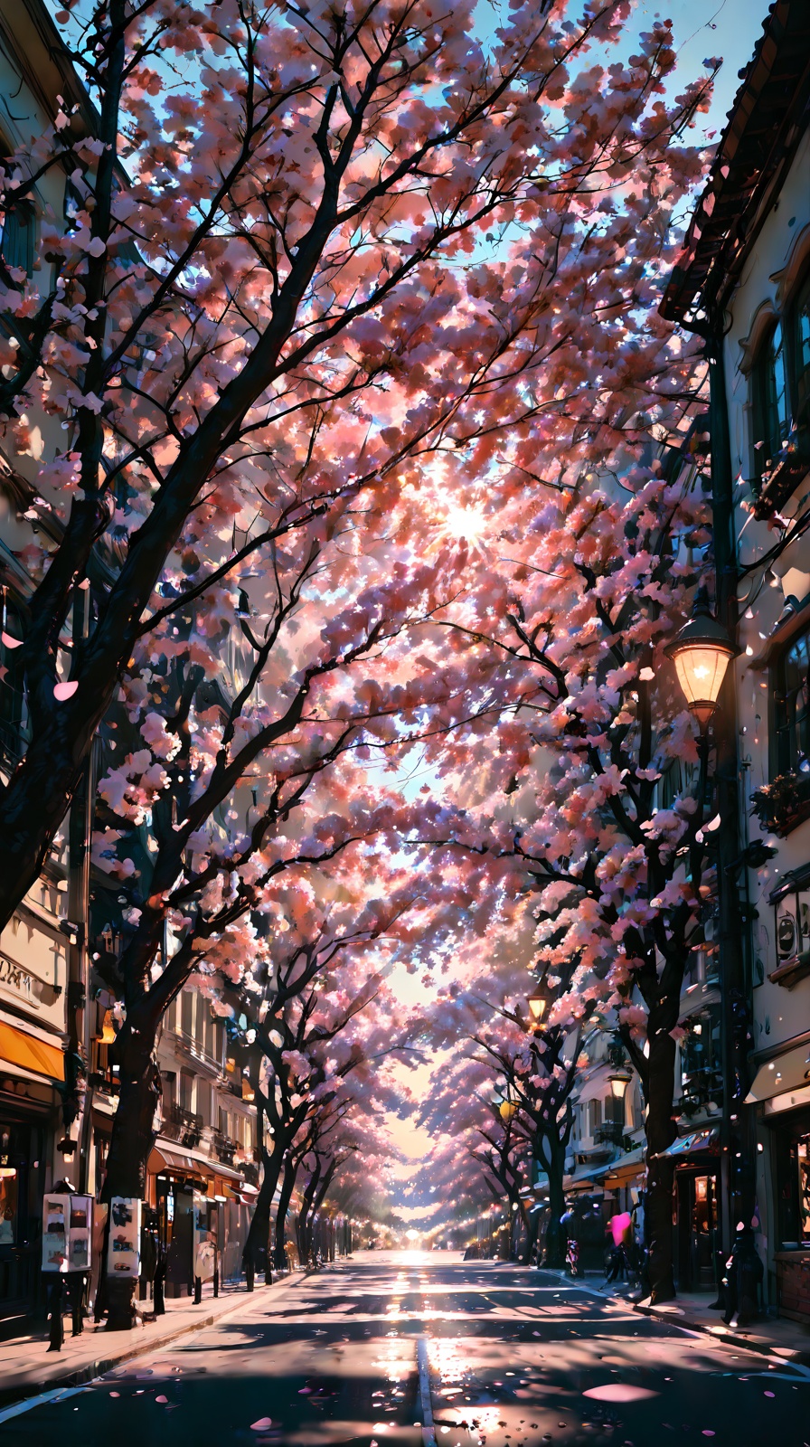 A quiet cinematic city street lined with massive blooming cherry blossom trees forming a dense canopy overhead,  soft pink...