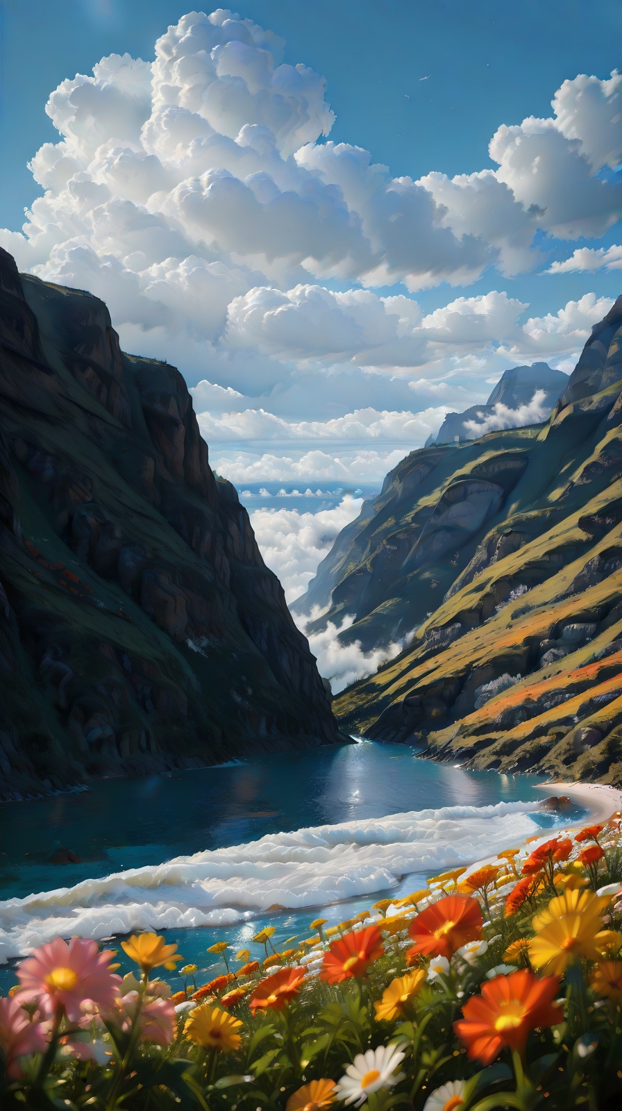 The image depicts a stunning coastal scene with a rugged cliffside covered in vibrant yellow and white flowers. The ocean...
