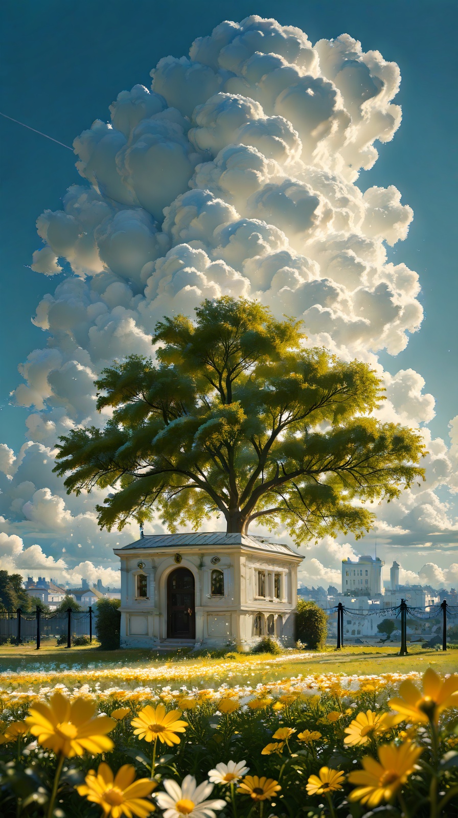 The image depicts a vibrant outdoor scene with a tree in full bloom,  showcasing bright yellow flowers against a clear blu...