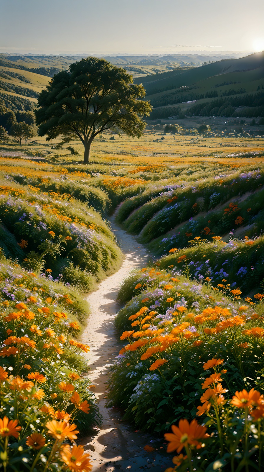 The image depicts a serene landscape with a vast field of vibrant flowers stretching across the foreground. The flowers ar...