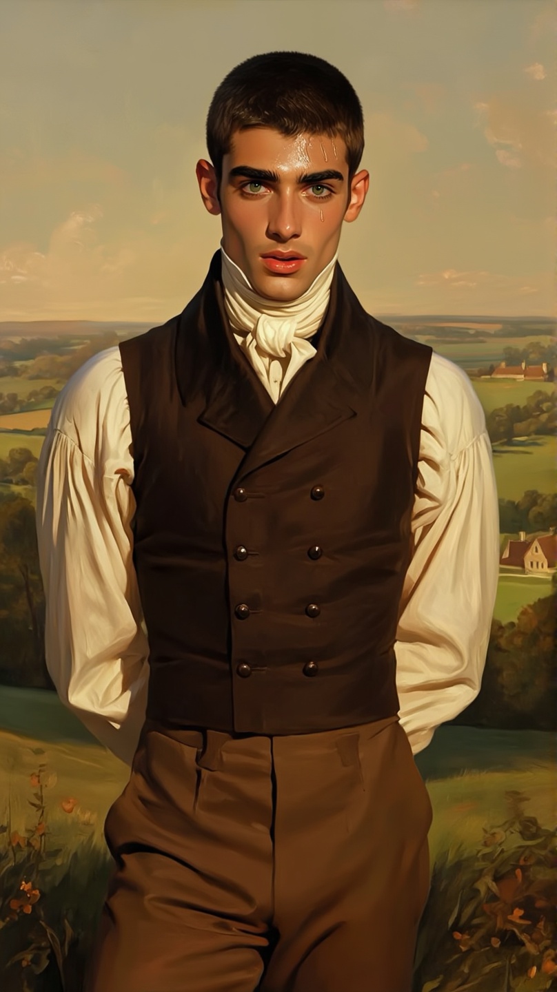 A romantic and majestic digital portrait of a handsome young Arab man from the regency era,  rendered in a painterly and c...