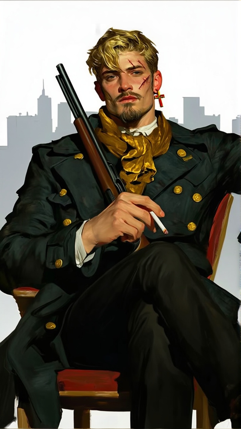 digital portrait of a man with blonde hair and a goatee is seated on a chair holding a cigarette in his right hand,  while...