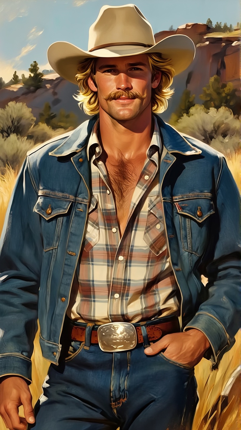 A ruggedly handsome cowboy with golden blonde hair peeking out from beneath a classic beige cowboy hat,  his mustache addi...