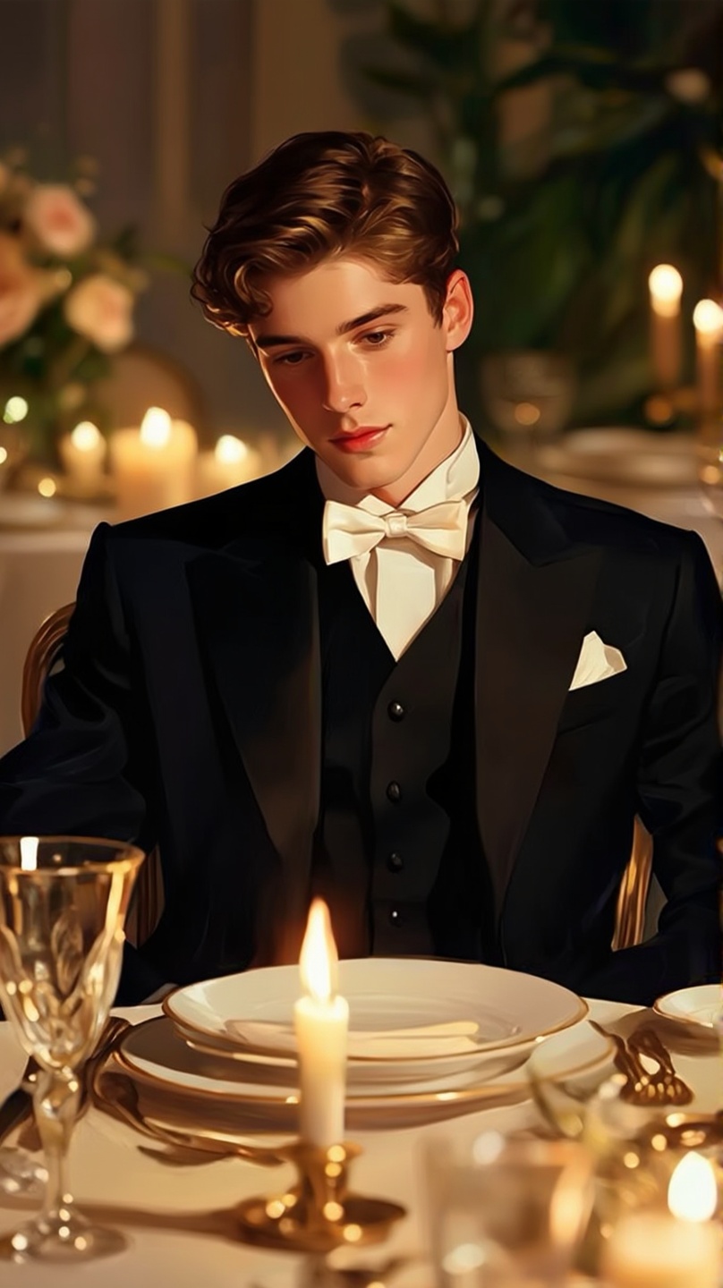 A romantic and elegant digital portrait of a young man seated at a lavishly set dinner table,  rendered in a painterly and...