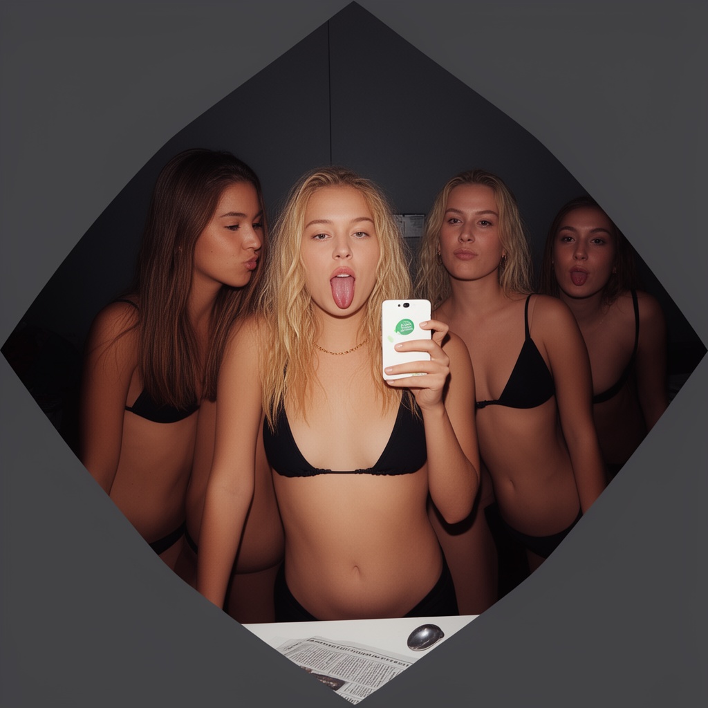 Photograph of four young women taking a selfie in a dimly lit room. The central woman,  with blonde,  wavy hair and light...