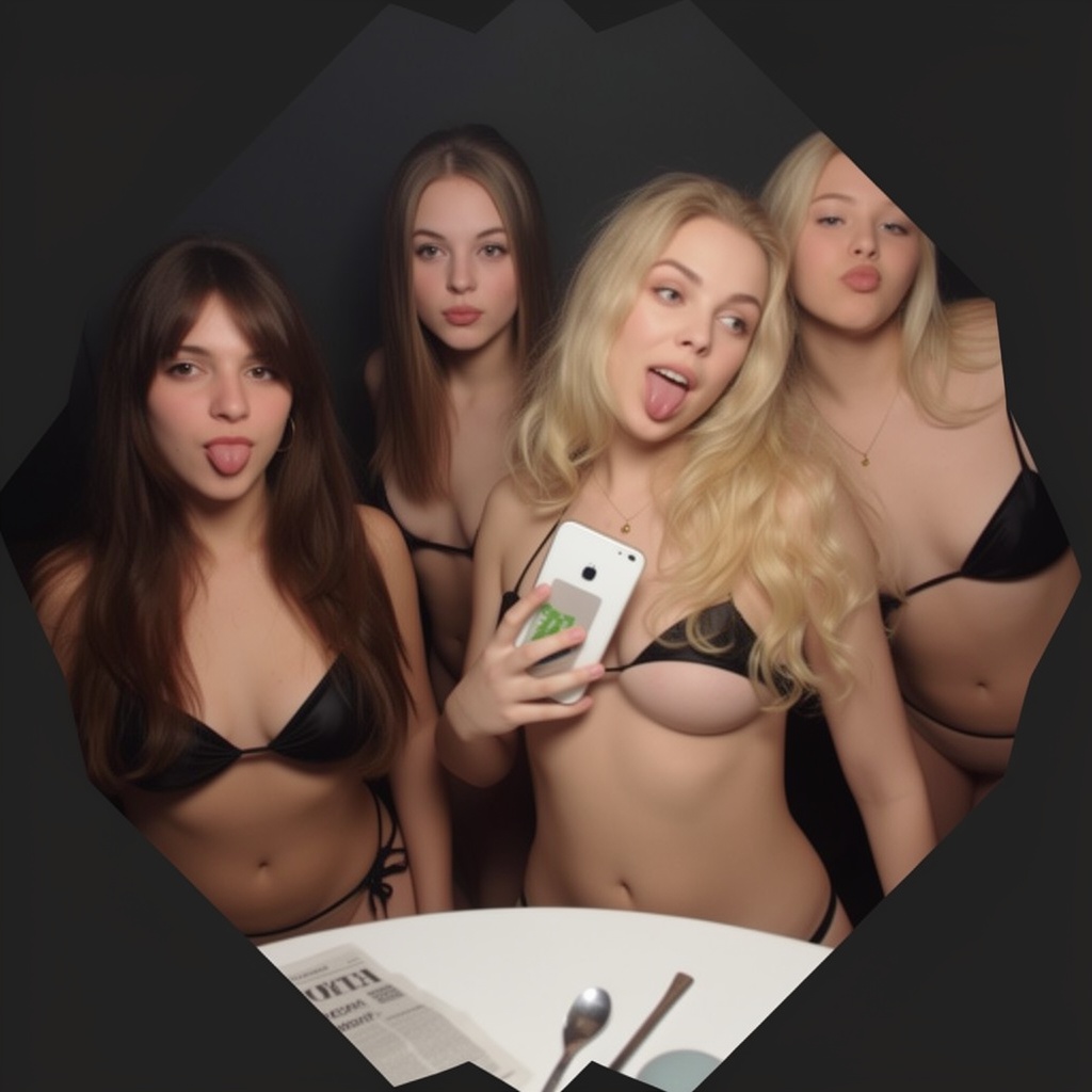 Photograph of four young women taking a selfie in a dimly lit room. The central woman,  with blonde,  wavy hair and light...