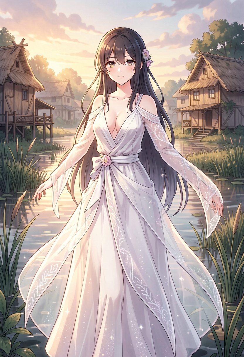 anime style,  2d,  An atmospheric anime of a beautiful woman wearing etheral dresss on Tensor.Art