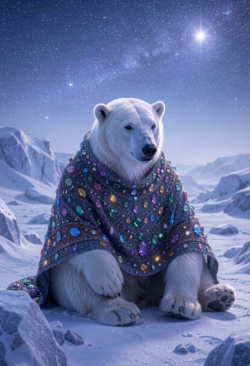 In this captivating realistic shot,  an anthropomorphic polar bear dressed in a richly textured,  jewel-toned shawl sits c...