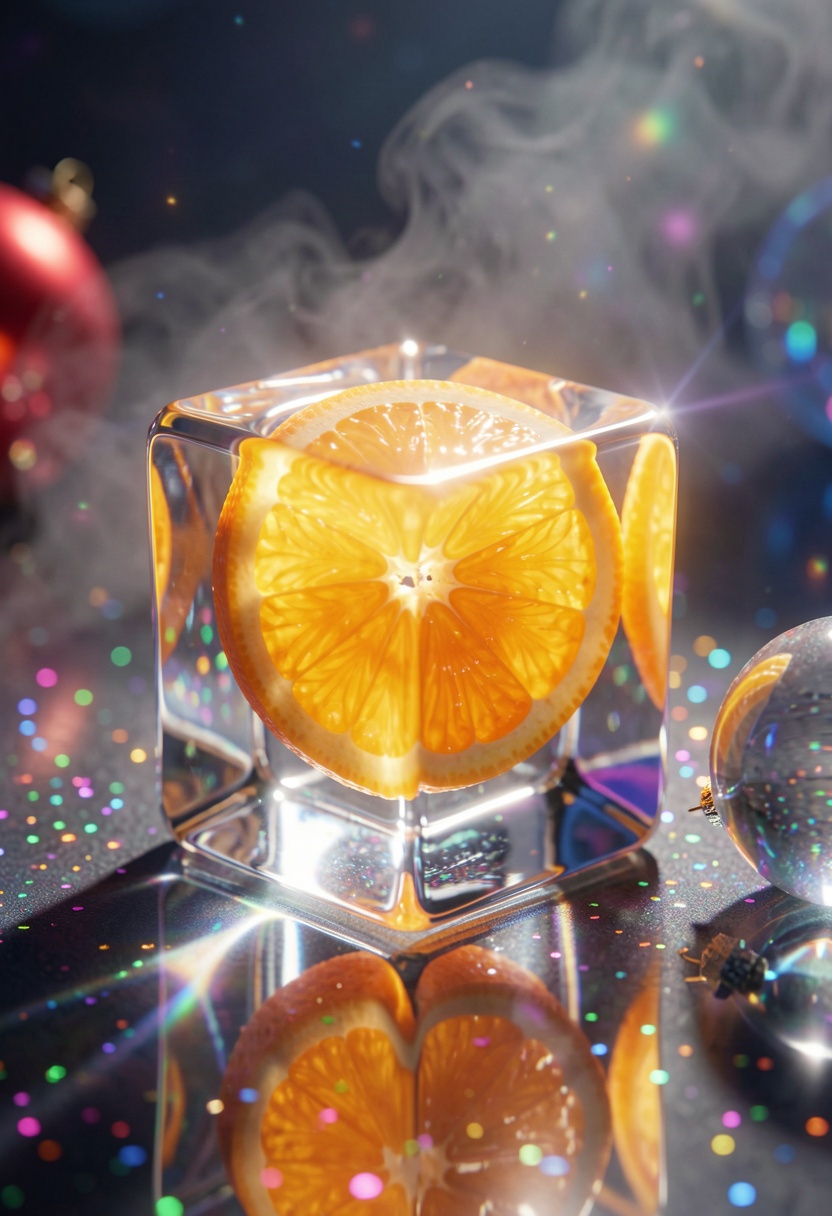 3D render,  realistic,  shining orange slice inside faceted ice cube on Tensor.Art