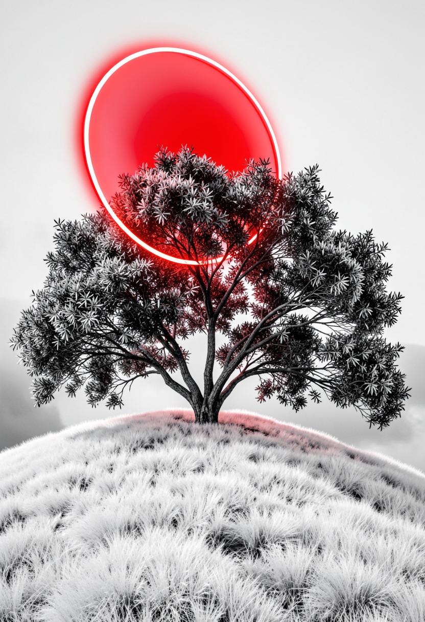Abstract,  white fleecy hill,  sprawling black and white tree on Tensor.Art
