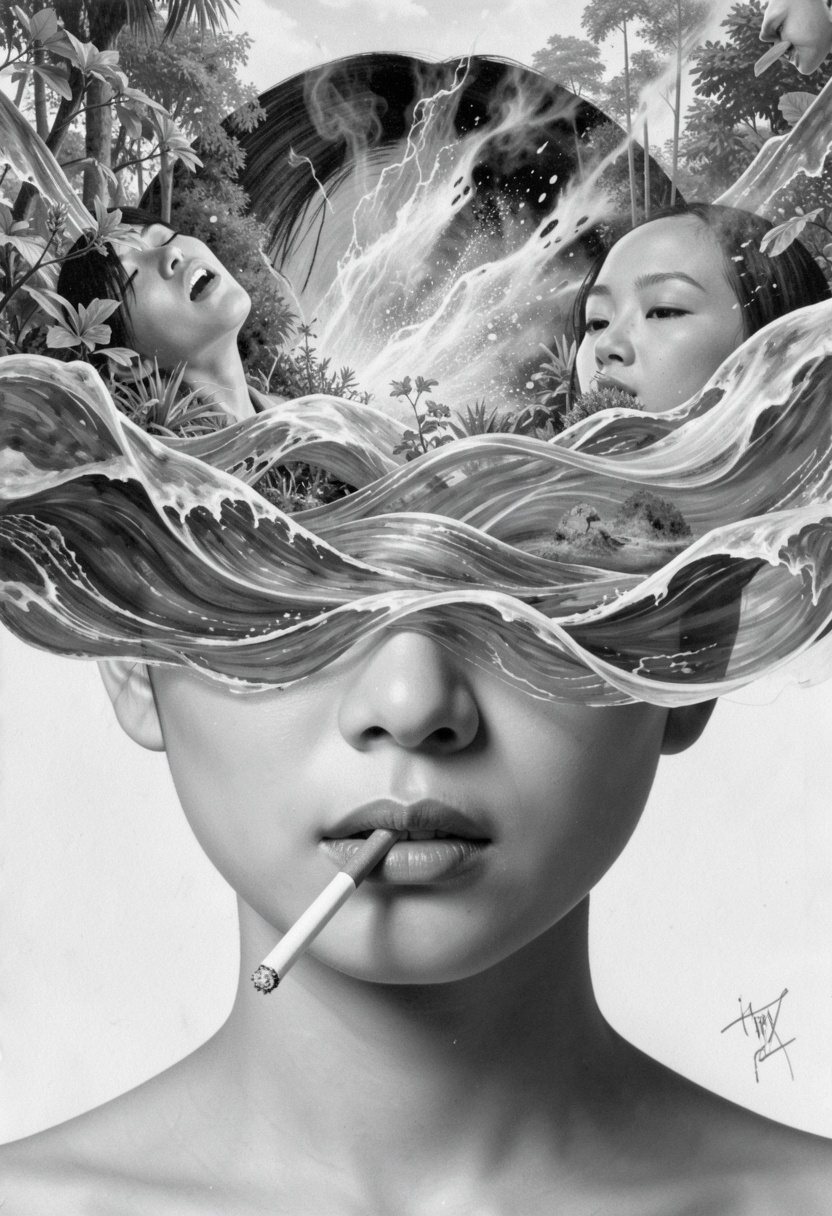 A surreal artwork showing a asian woman face with a cigarette in their mouth. upper face is obscured by what looks like a...