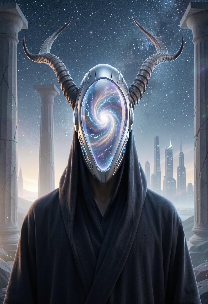 Cinematic,  futuristic scene featuring a close-up portrait of a mysterious figure wearing a dark,  flowing robe. The figur...