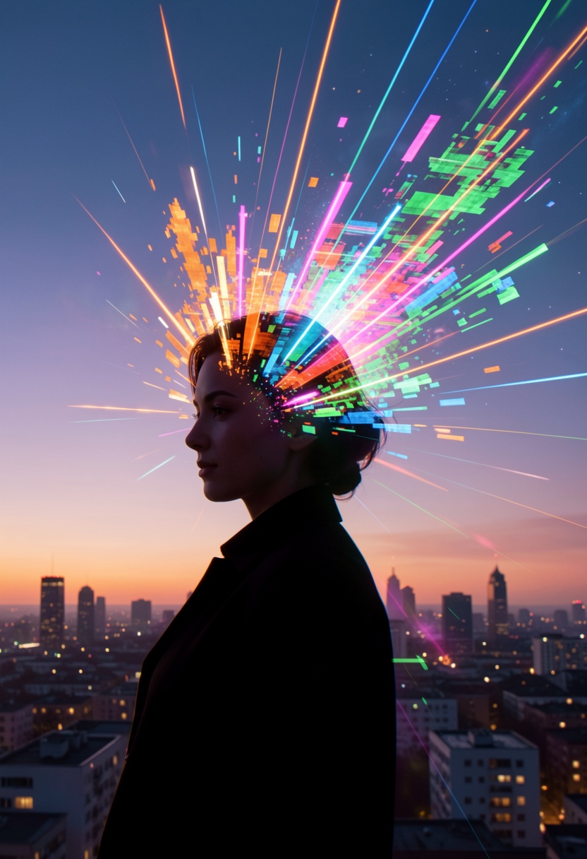 A surreal and glitch-inspired depiction of a figure with their head dissolving into a vibrant explosion of colorful light...