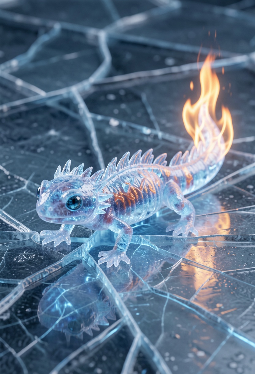 An adorable,  hyper-stylistic ice salamander stands on a sheet of cracked ice,  its body a mesmerizing fusion of frosty bl...