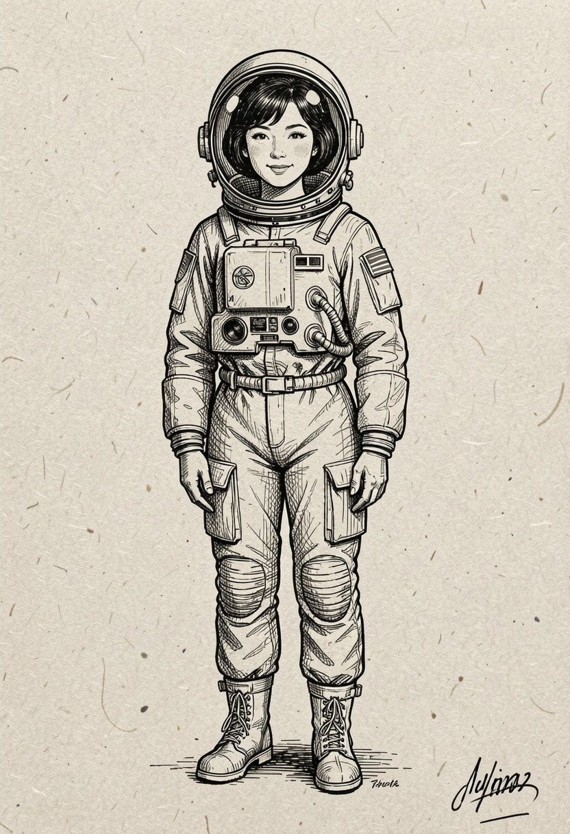 illustration of beautiful Japanese woman 1960s Astronaut in style of ink sketch on construction paper. ((intricate paper t...